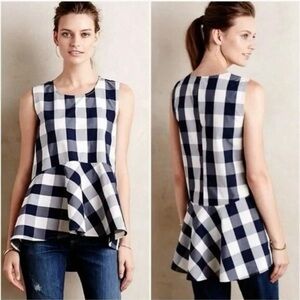 Anthropologie HD in Paris Top Blue Gingham Peplum High Low Sleeveless 4 Preppy